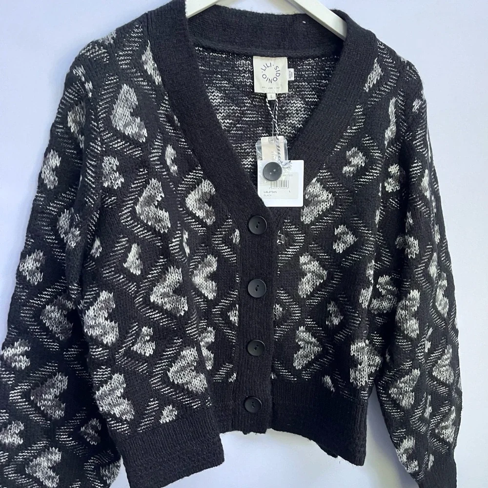 NWT Anthropologie Lili Sidonio x Molly  Hearts  Black/ White Cardigan, L